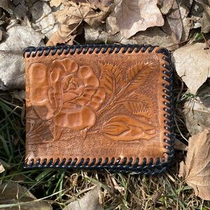 Vintage Handmade Tooled Leather Wallet - Floral Design